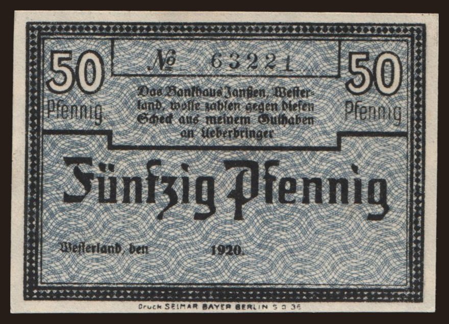 Westerland/ Janssen Bankhaus, 50 Pfennig, 1920