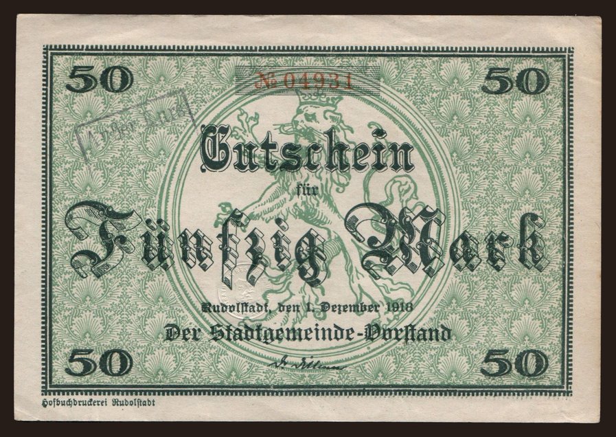 Rudolstadt/ Stadt, 50 Mark, 1918