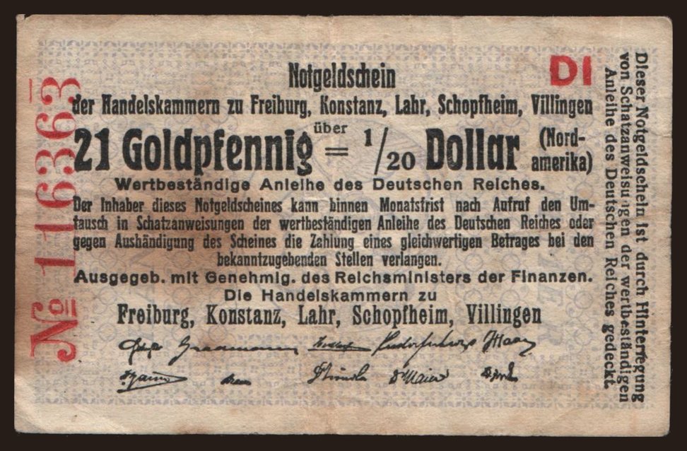 Freiburg/ Handelskammern zu Freiburg, Konstanz, Lahr etc., 21 Goldpfennig, 1923