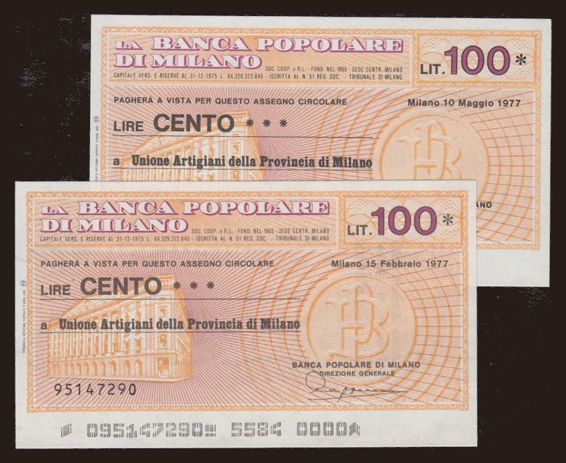 Banca Popolare di Milano, 100 lire, 1977, (2x)