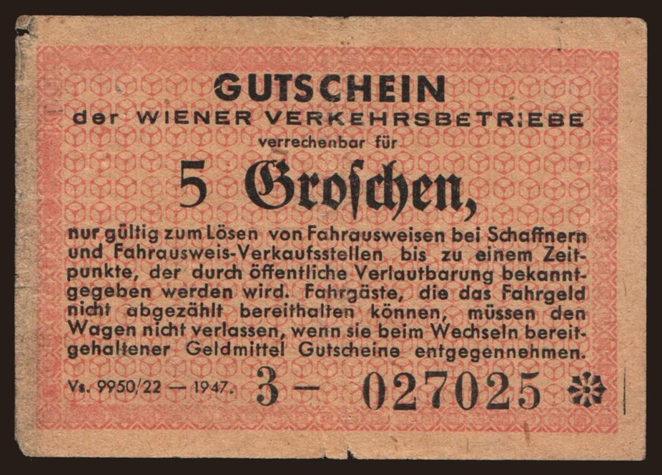 Wiener Verkehrsbetriebe, 5 Groschen, 1947