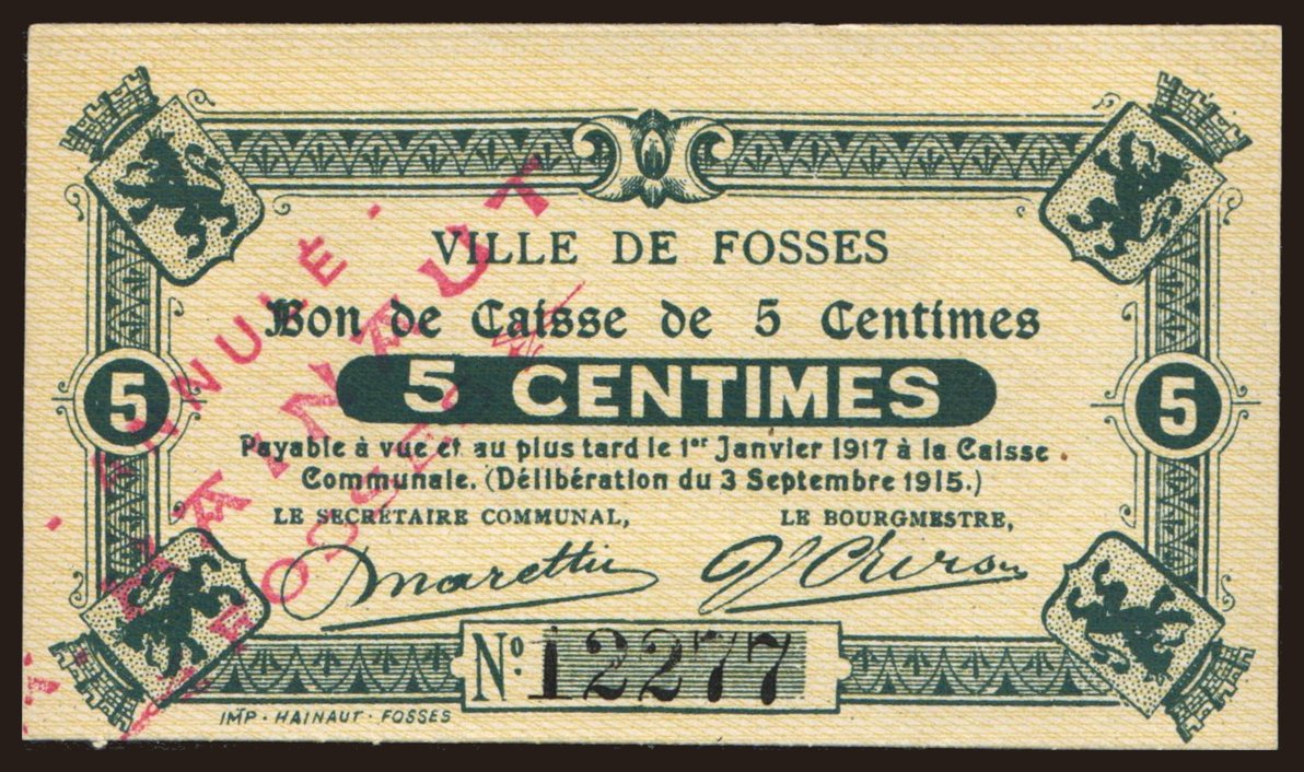 Fosses, 5 centimes, 1915