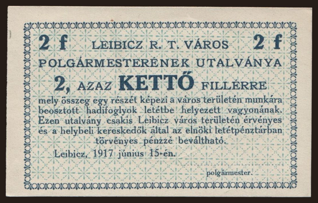 Leibicz, 2 fillér, 1917