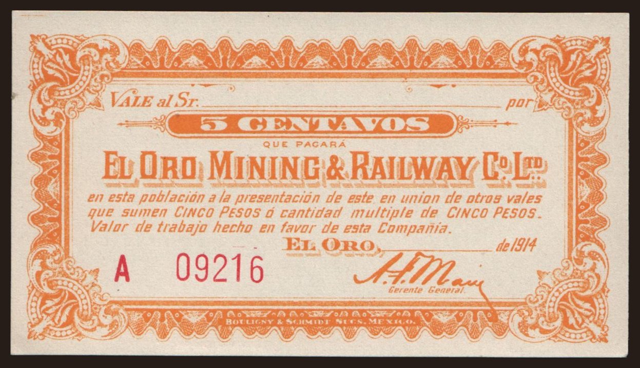 El Oro Mining & Railway, 5 centavos, 1914