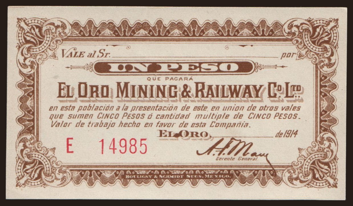 El Oro Mining & Railway, 1 peso, 1914