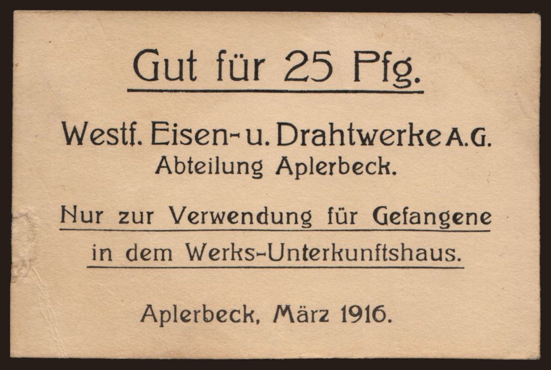 Aplerbeck/ Westf. Eisen- u. Drahtwerke A.G., 25 Pfennig, 1916