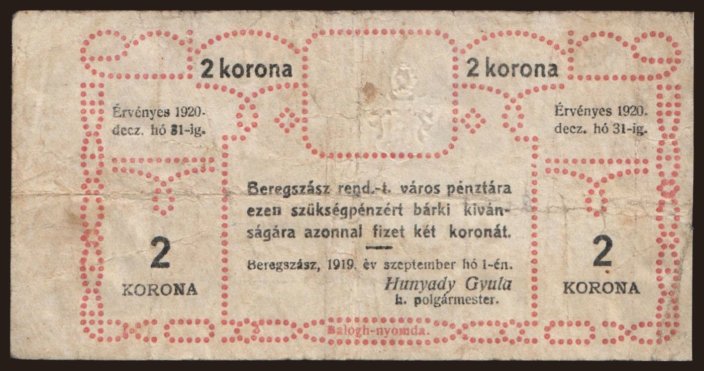 Beregszász, 2 korona, 1919