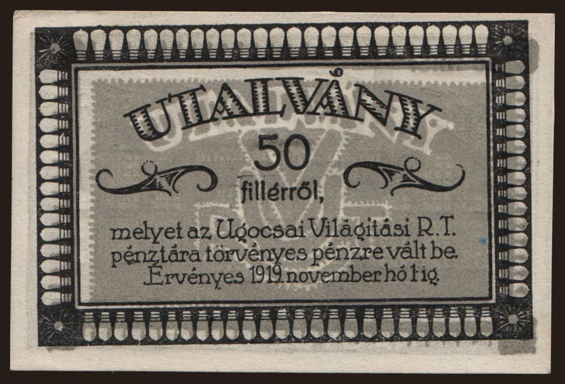 Nagyszőllős/ Ugocsai Világítási R.T., 50 fillér, 1919