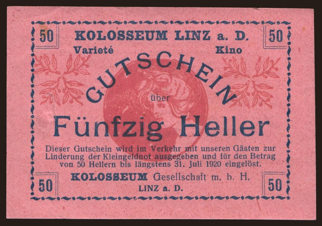 Linz/ Kolosseum Linz, 50 Heller, 1920