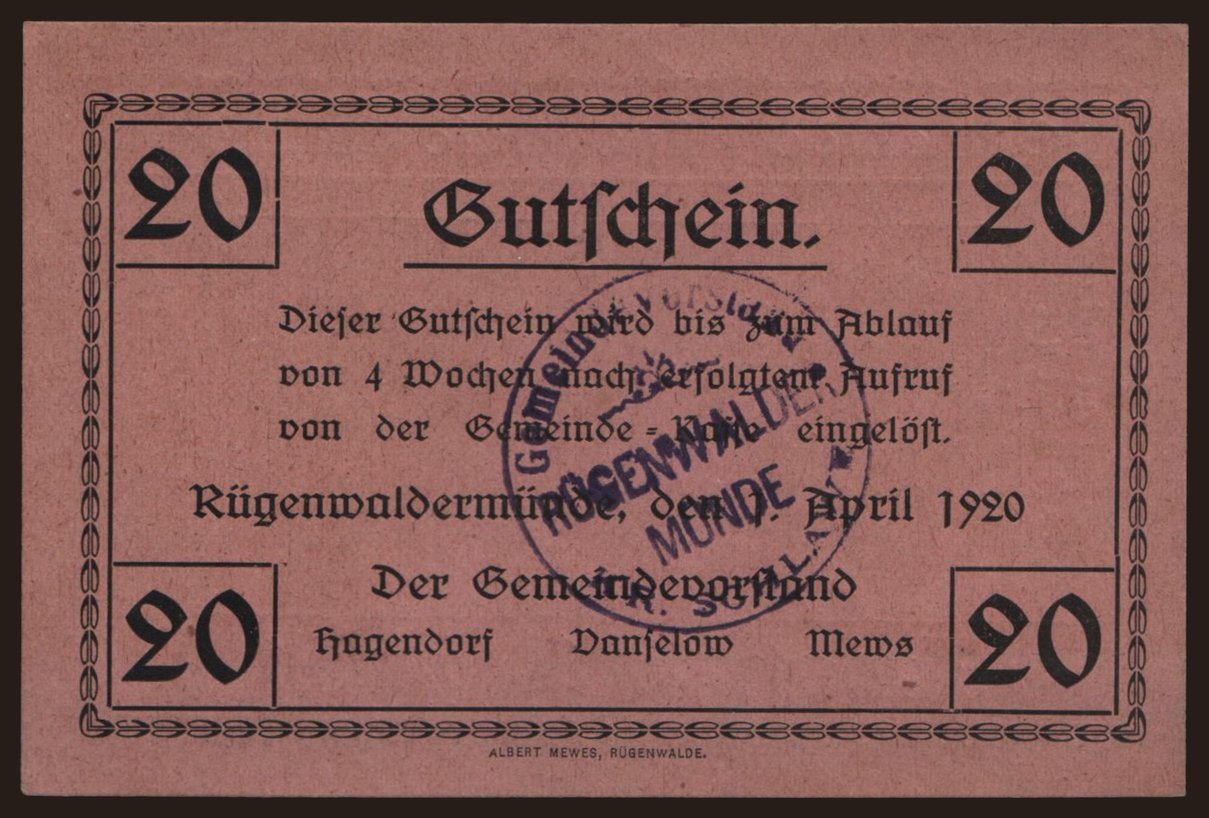 Rügenwaldermünde, 20 Pfennig, 1920