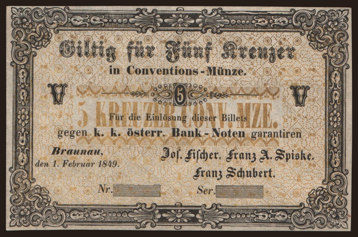 Braunau/ Fischer, Spiske, Schubert, 5 Kreuzer, 1849