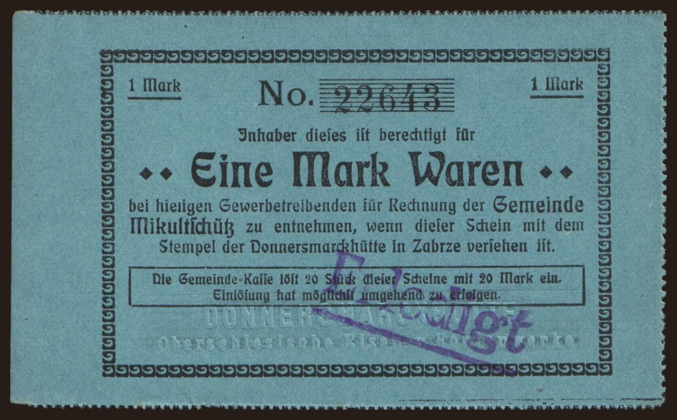 Mikultschütz(Zabrze), 1 Mark, 1914