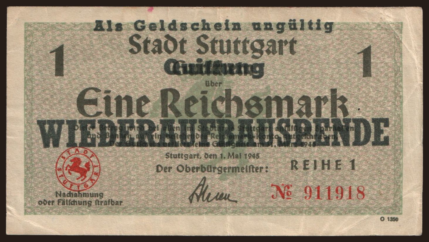 Stuttgart, 1 Reichsmark, 1945