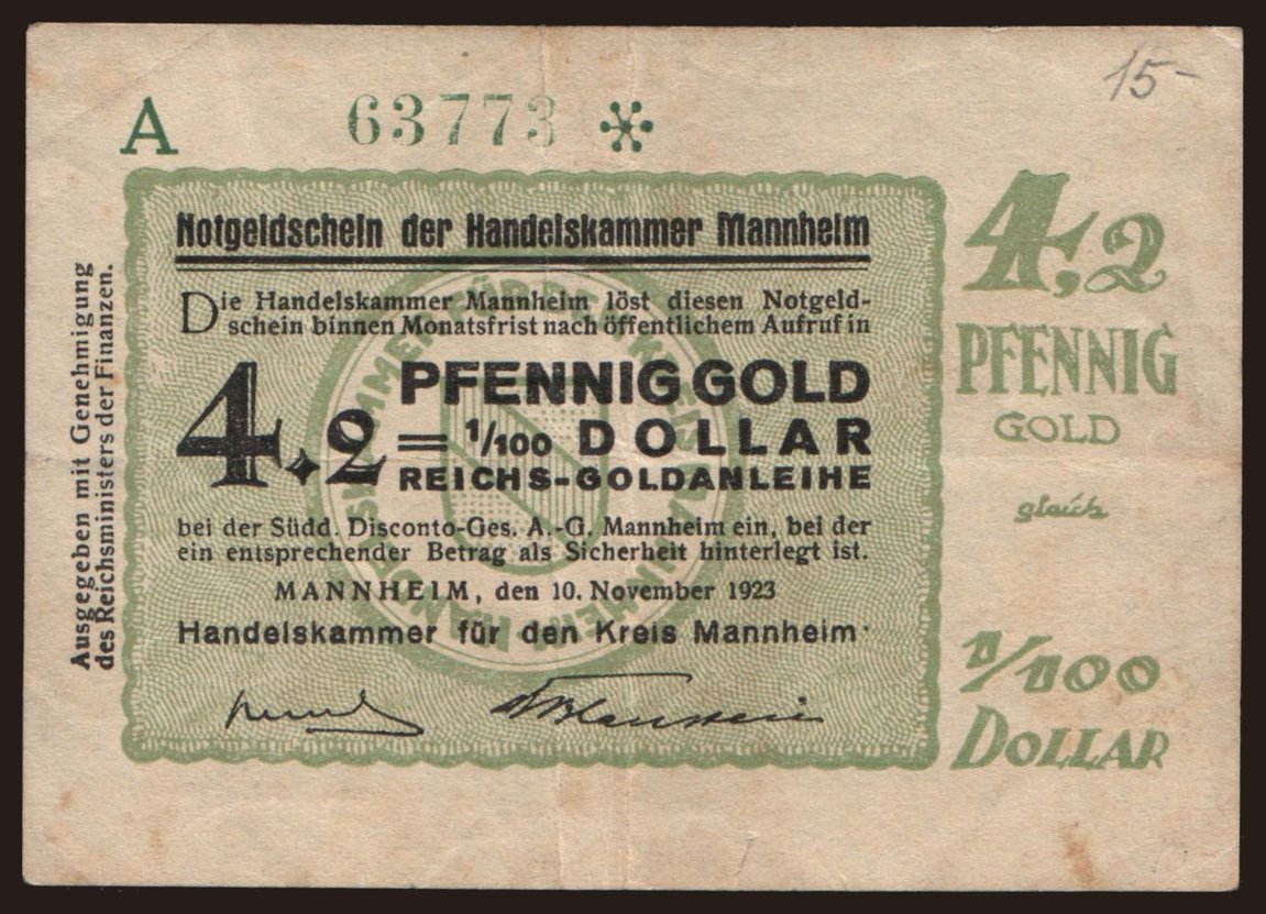 Mannheim/ Handelskammer, 4.2 Mark Gold, 1923