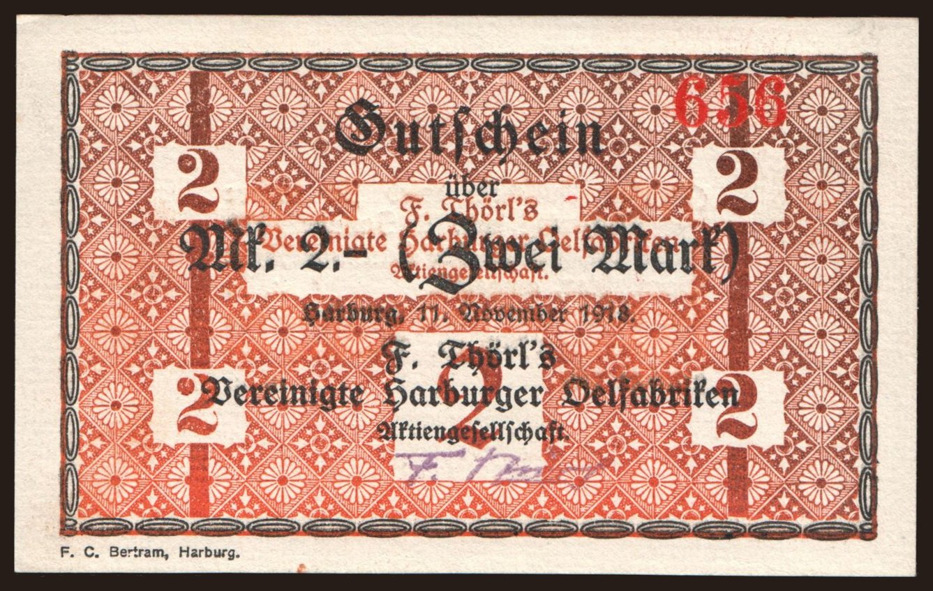 Harburg/ F. Thörl s Vereinigte Harburger Oelfabriken, 2 Mark, 1918
