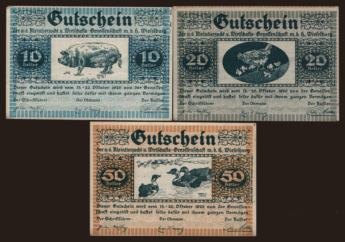Wieselburg/  Kleintierzucht- und Wirtschaftsgenossenschaft, 10, 20, 50 Heller, 1920