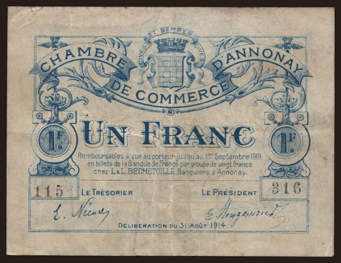 Annonay, 1 franc, 1914