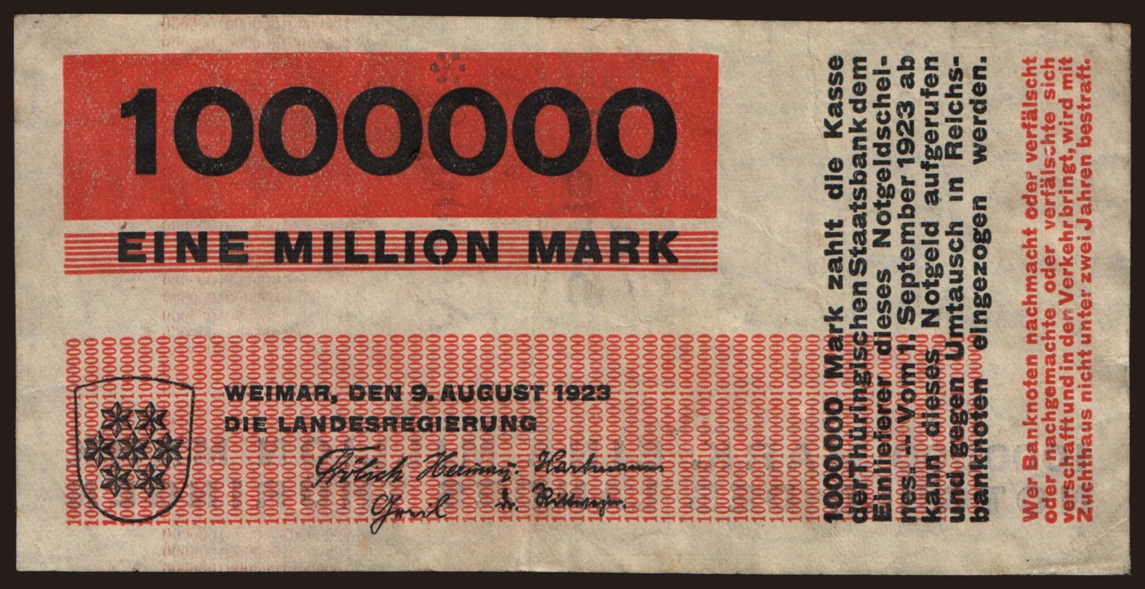 Weimar/ Landesregierung, 1.000.000 Mark, 1923