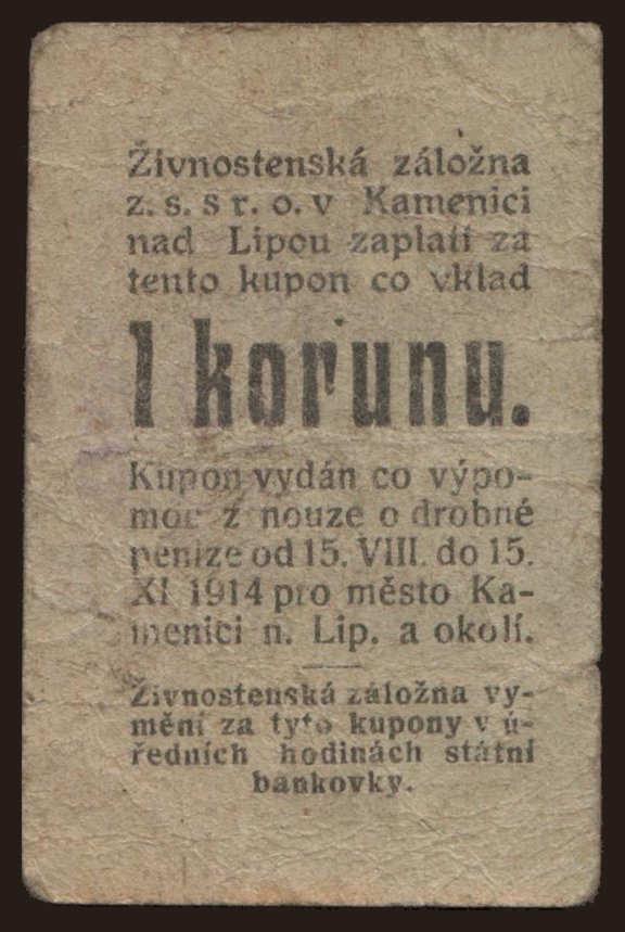 Kamenici nad Lipou, 1 koruna, 1914