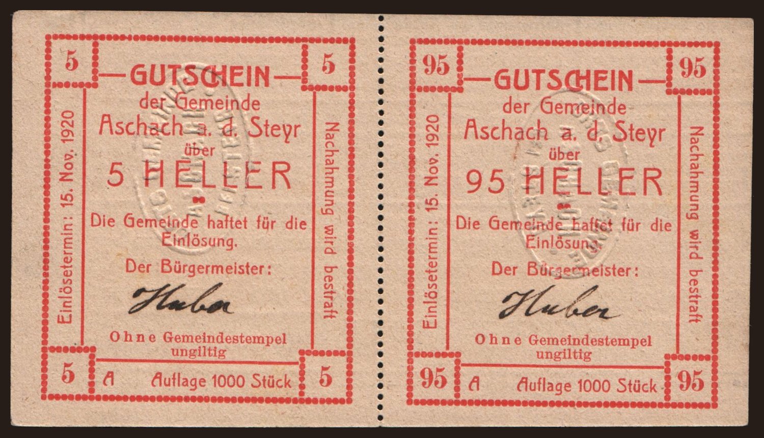 Aschach, 5, 95 Heller, 1920