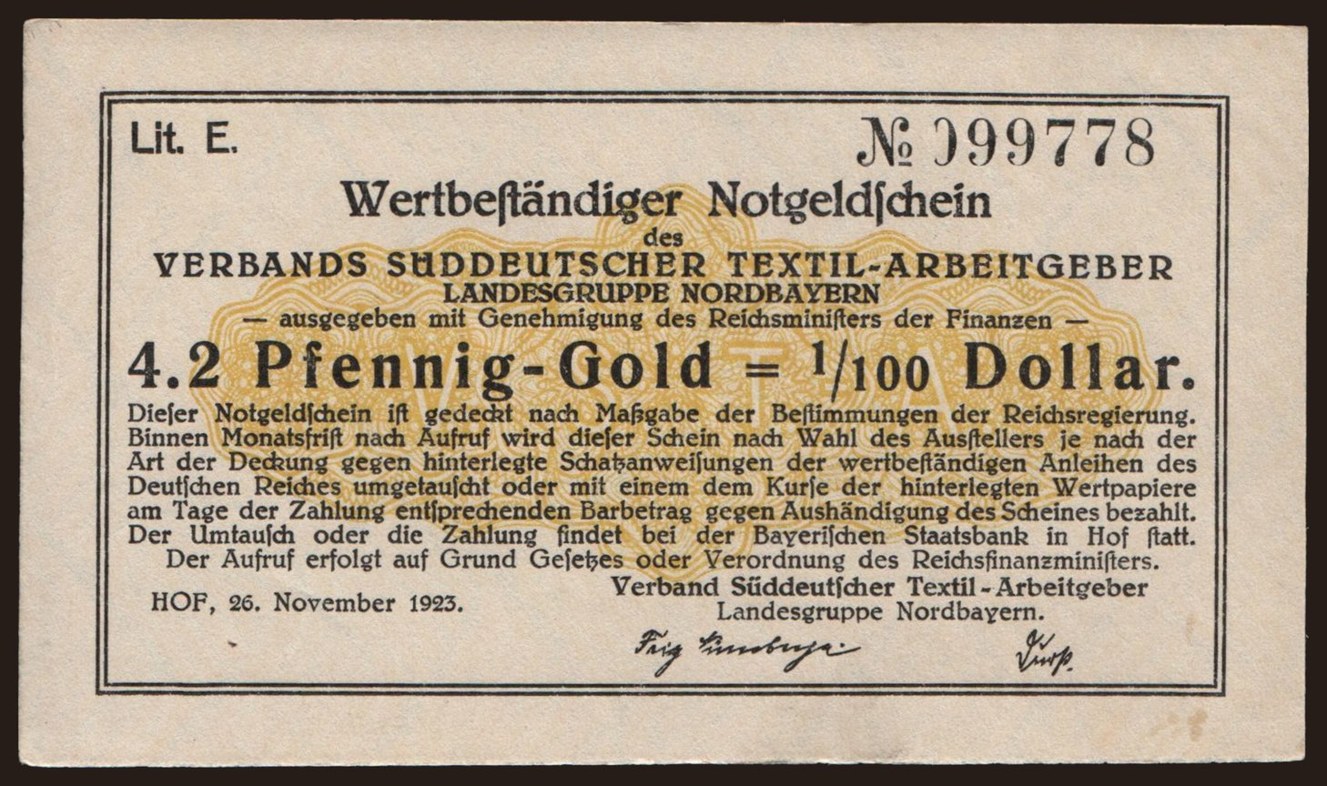 Hof/ Verband Süddeutscher Textil-Arbeitgeber, 4.2 Pfennig Gold, 1923