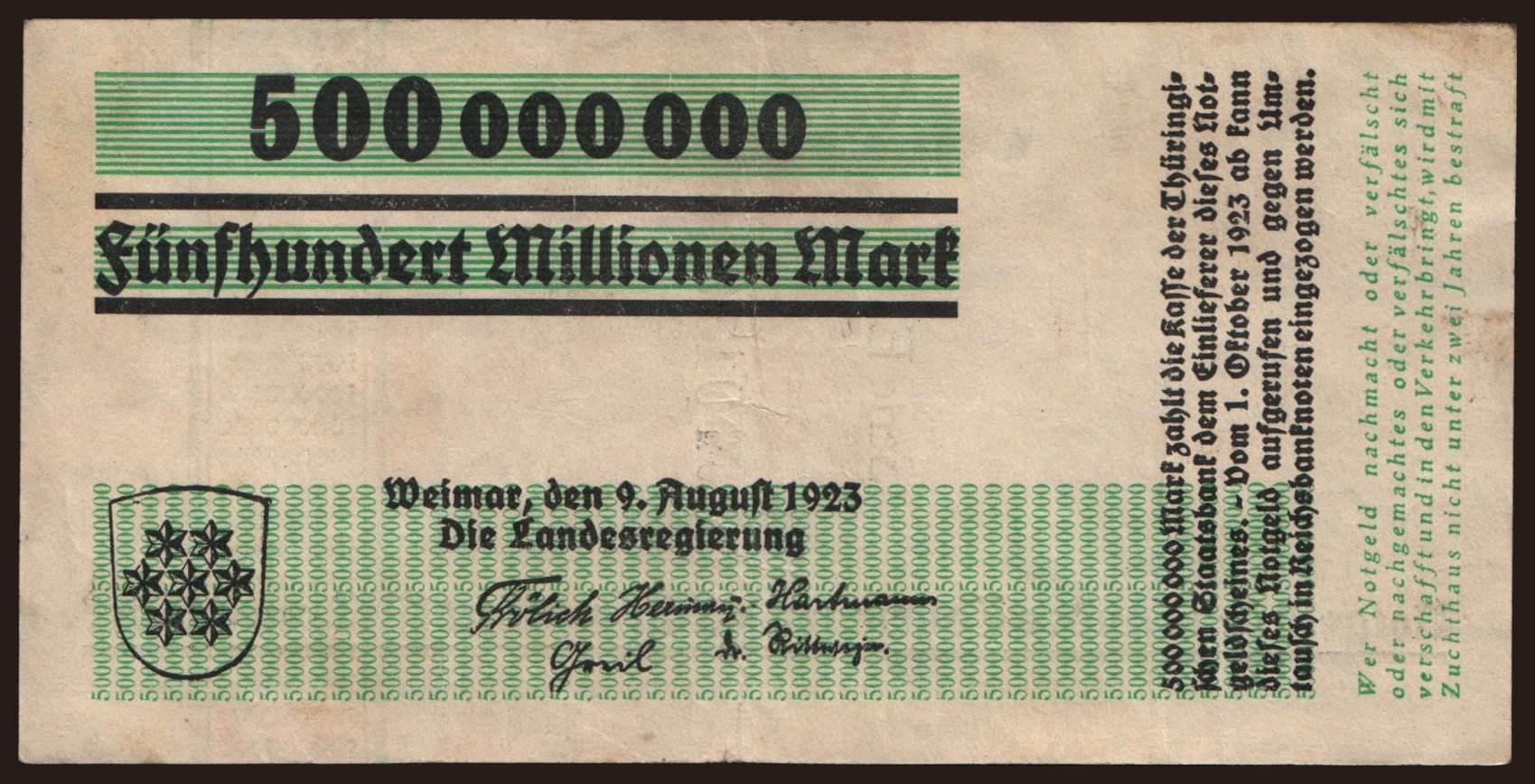Weimar/ Landesregierung, 500.000.000 Mark, 1923