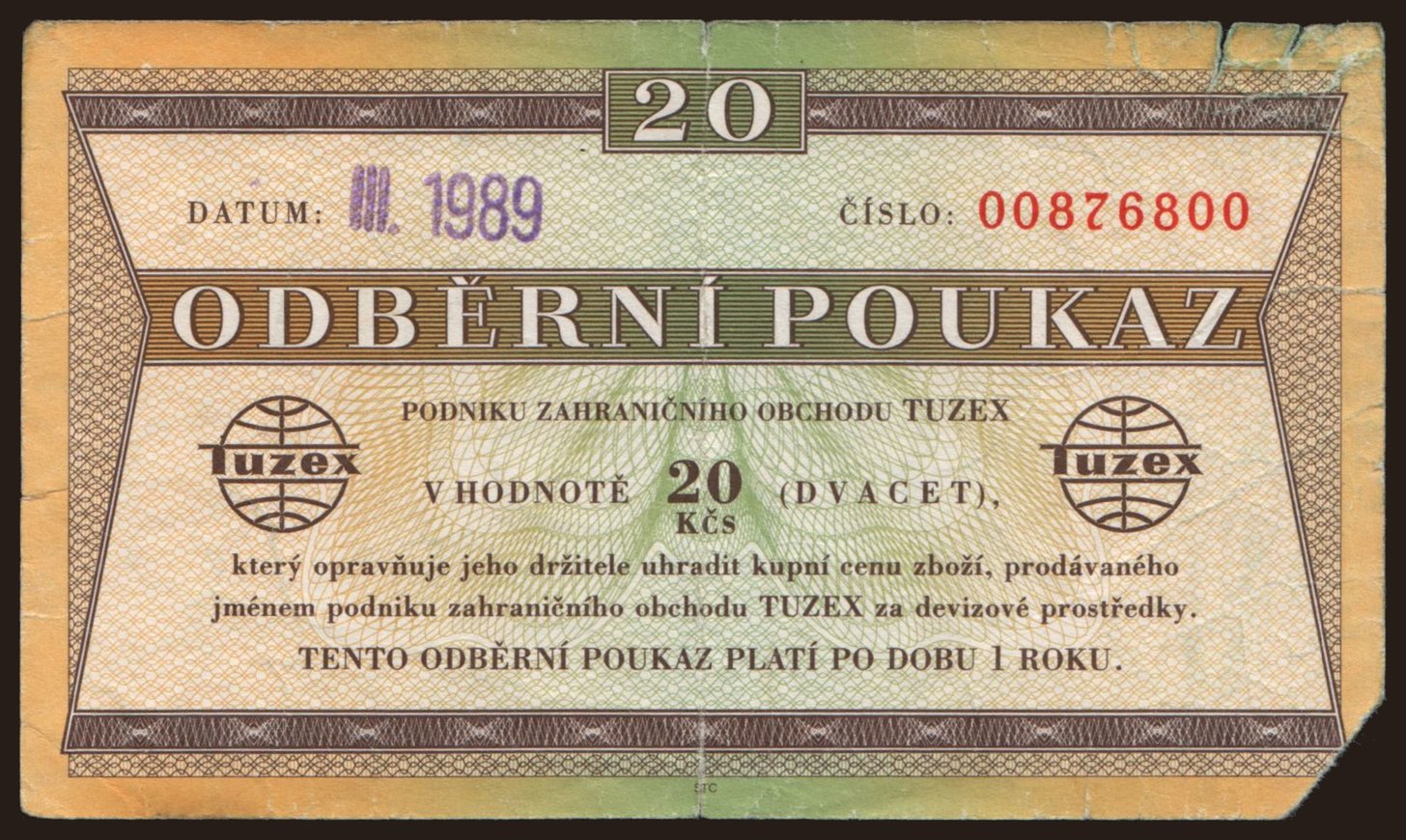 Tuzex, 20 korun, 1989