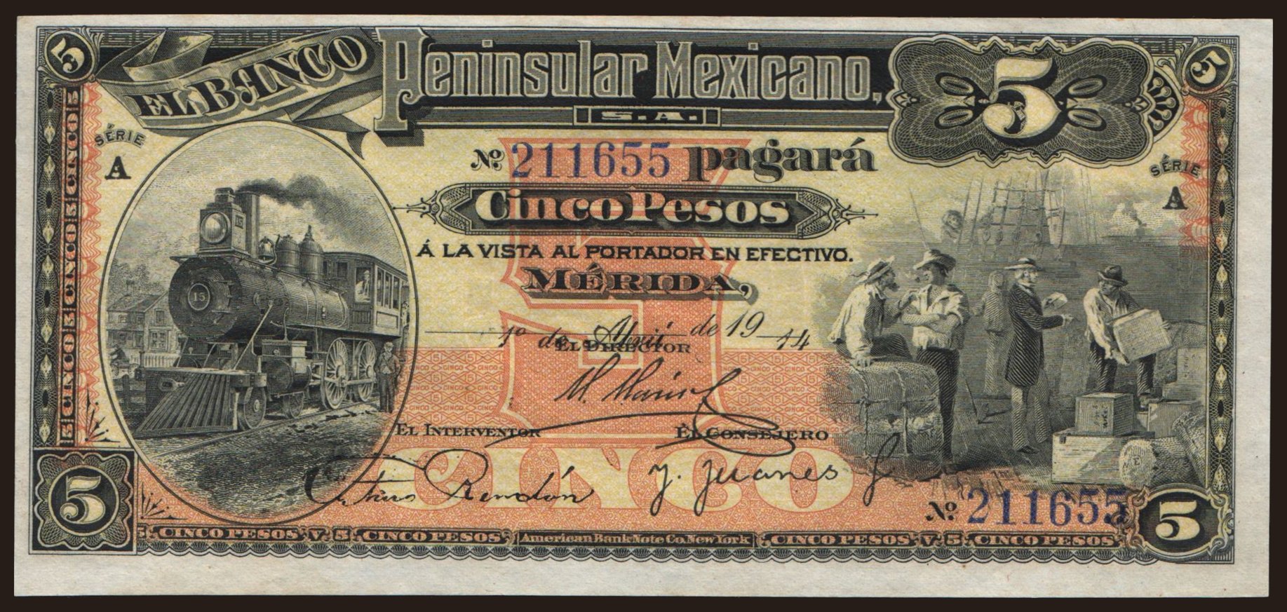 El Banco Peninsular Mexicano, 5 pesos, 1914