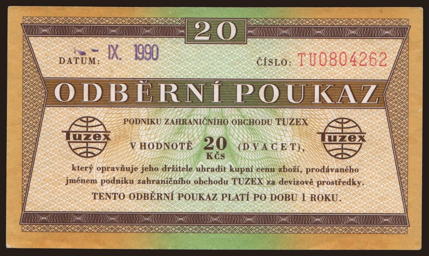 Tuzex, 20 korun, 1990