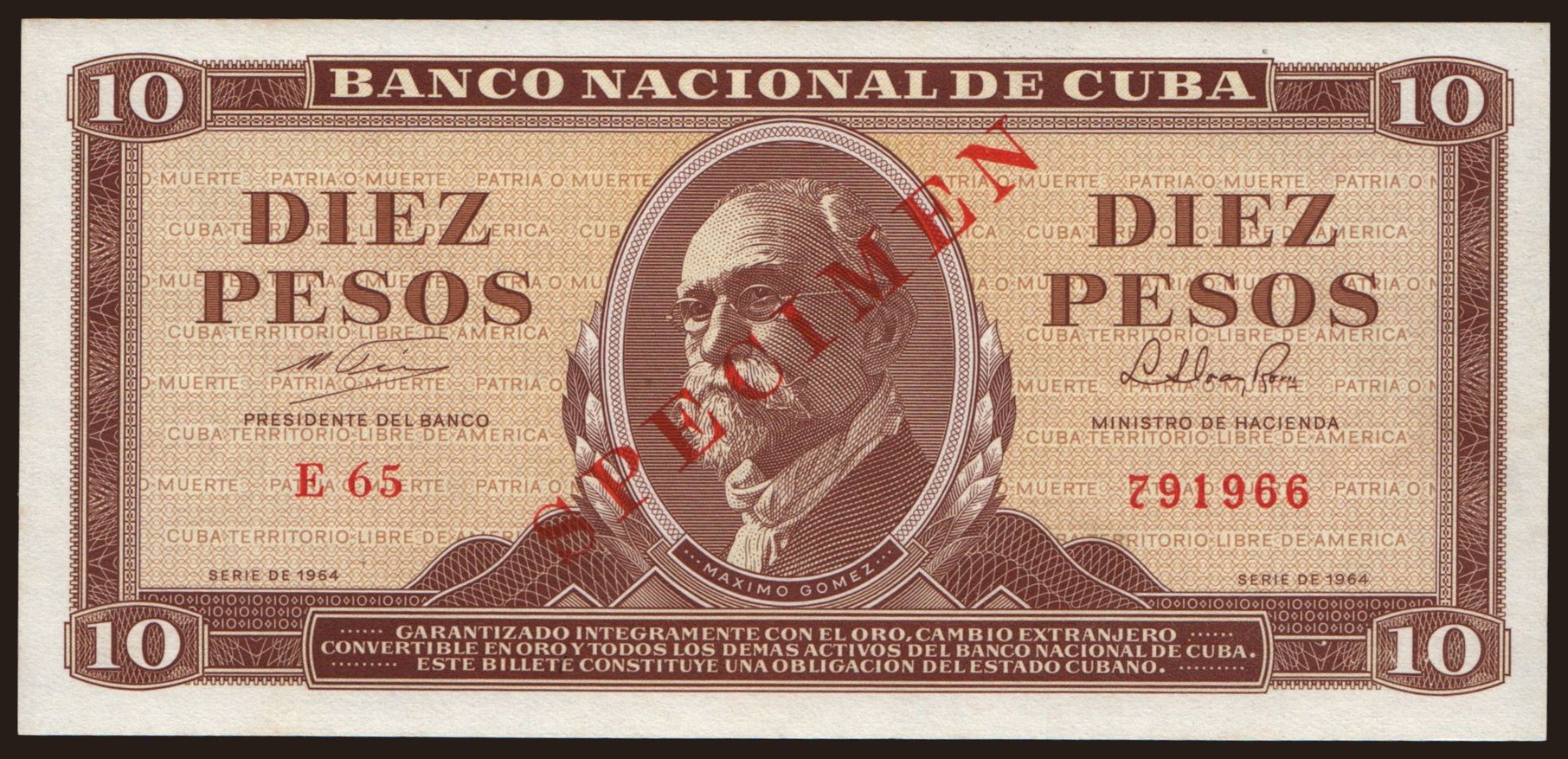 10 pesos, 1964, SPECIMEN