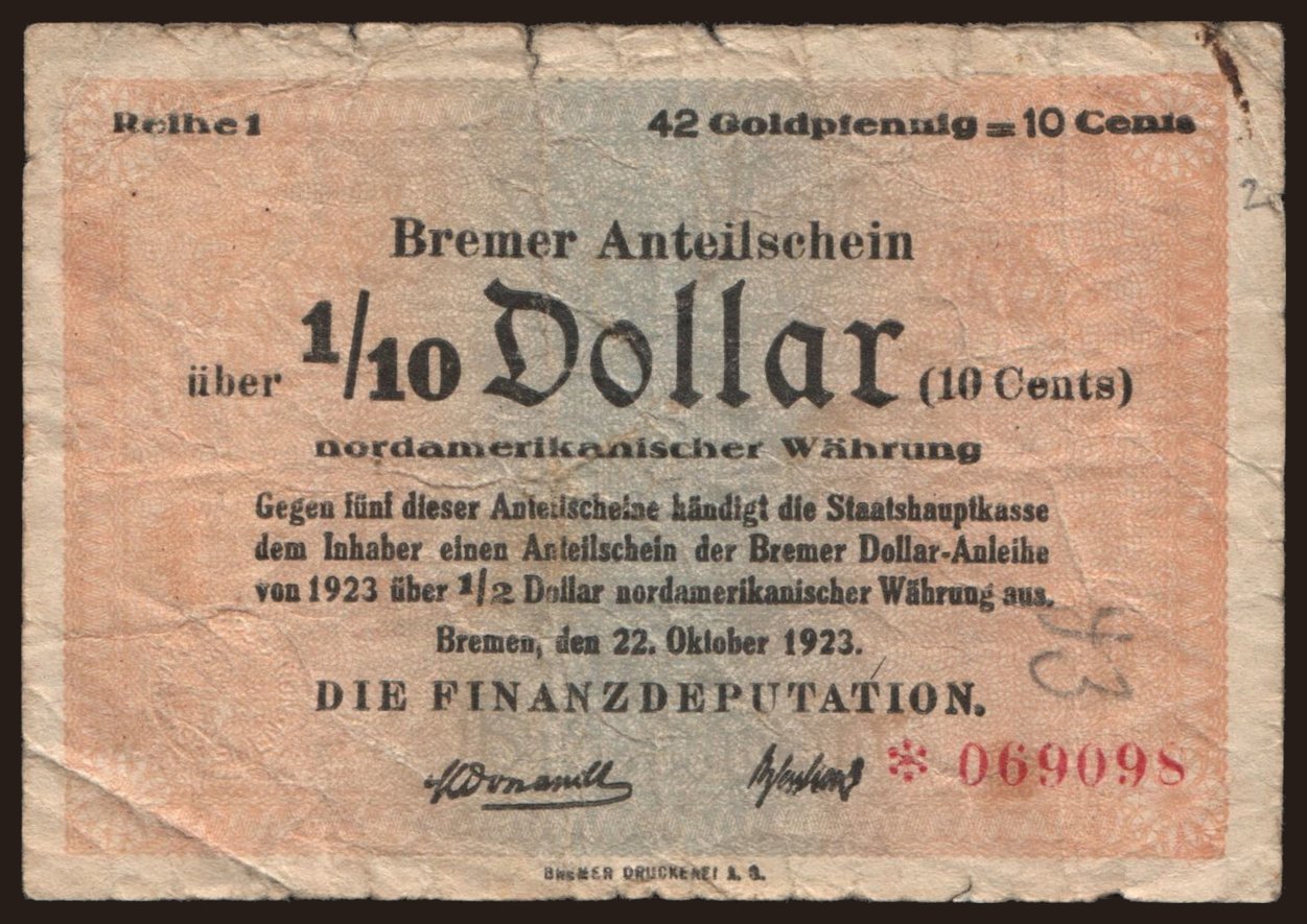 Bremen/ Finanzdeputation, 1/10 Dollar, 1923