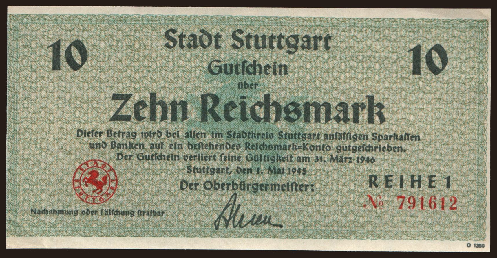 Stuttgart, 10 Reichsmark, 1945