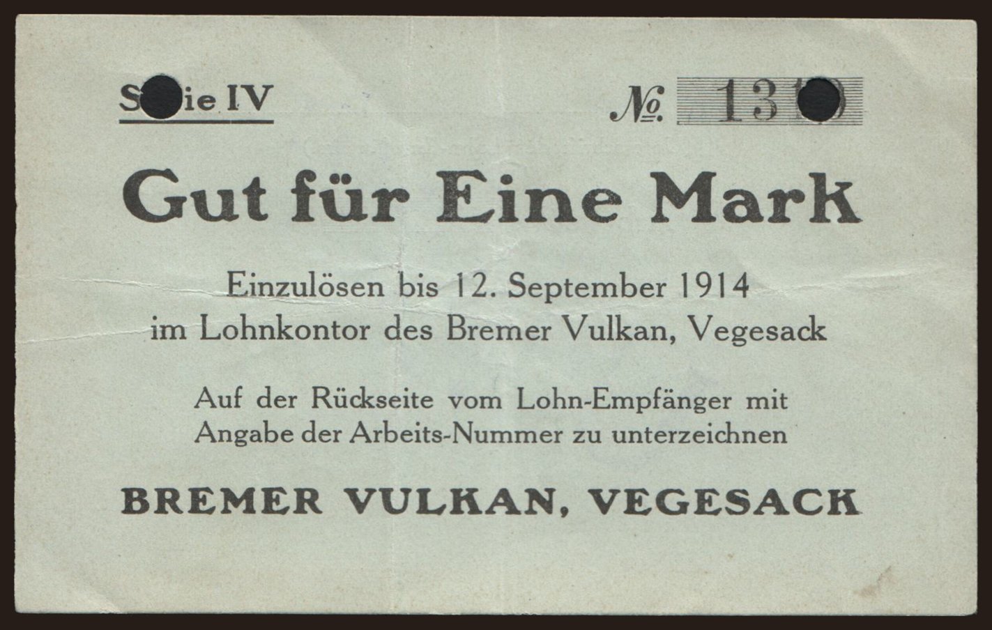 Vegesack/ Bremer Vulkan, 1 Mark, 1914