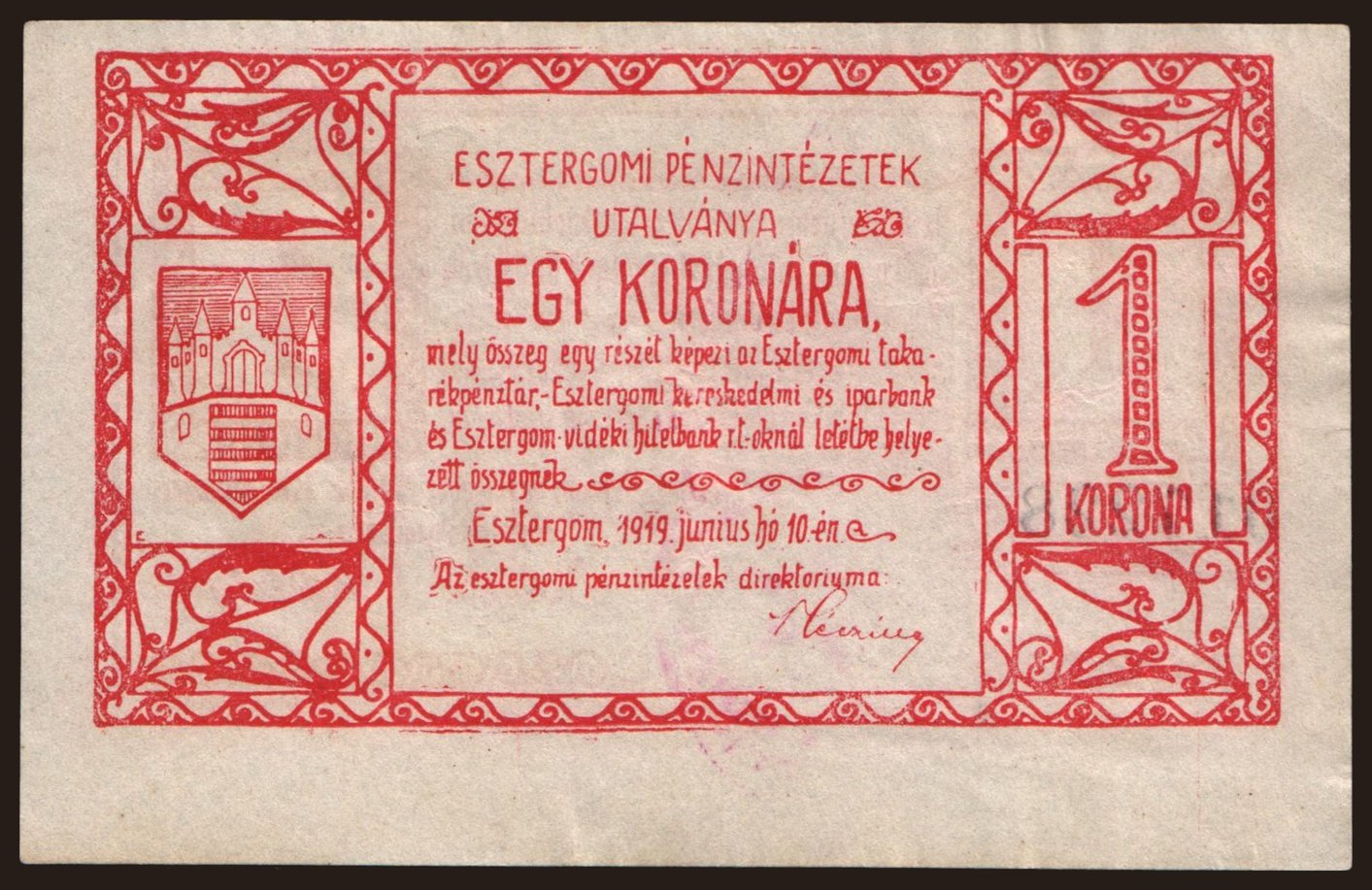 Esztergom, 1 korona, 1919