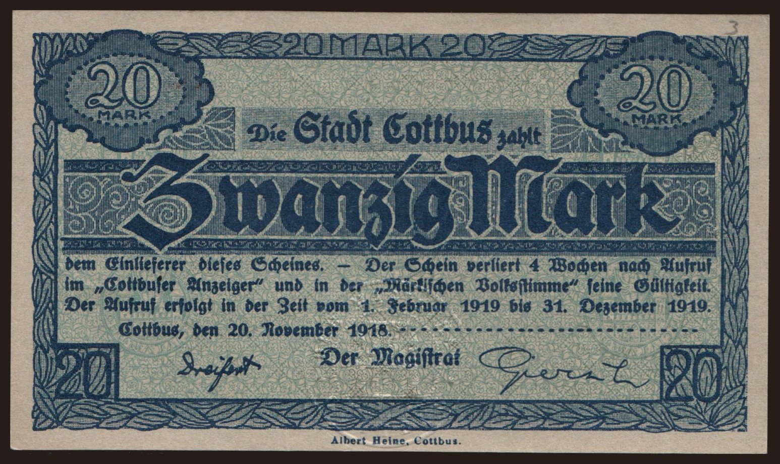 Cottbus/ Stadt, 20 Mark, 1918
