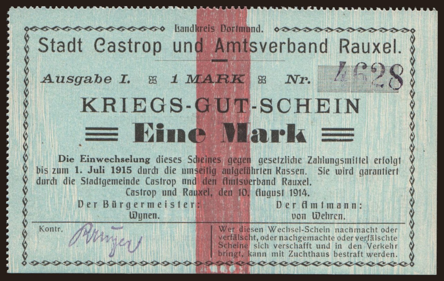 Castrop und Rauxel/ Stadt und Amtsverband, 1 Mark, 1914