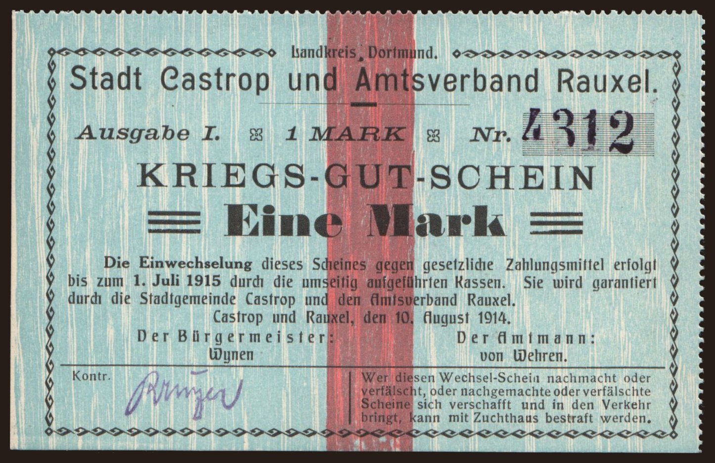 Castrop und Rauxel/ Stadt und Amtsverband, 1 Mark, 1914