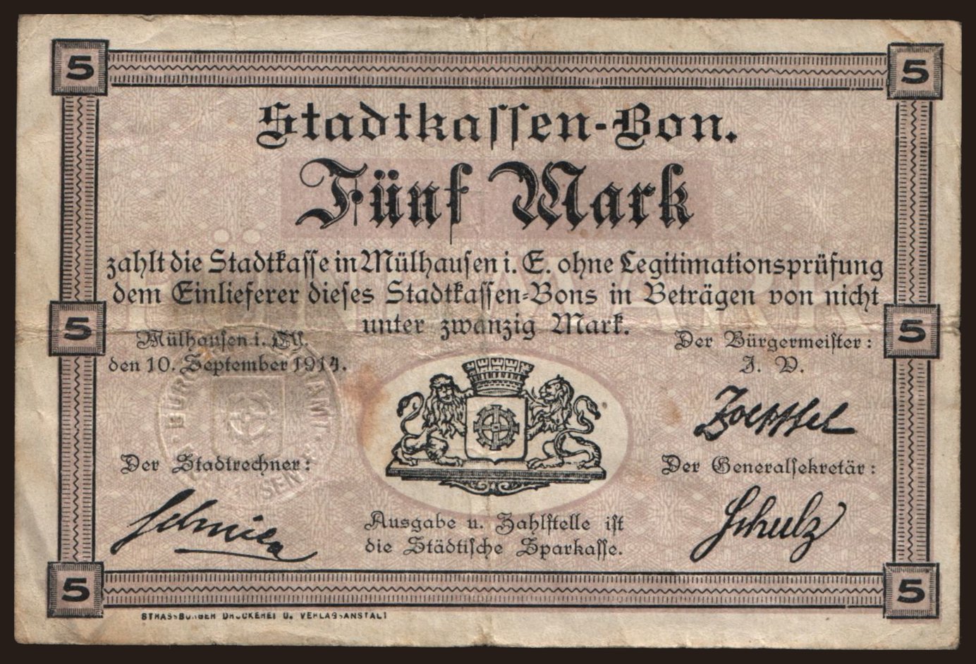 Mühlhausen/ Stadtskasse, 5 Mark, 1914