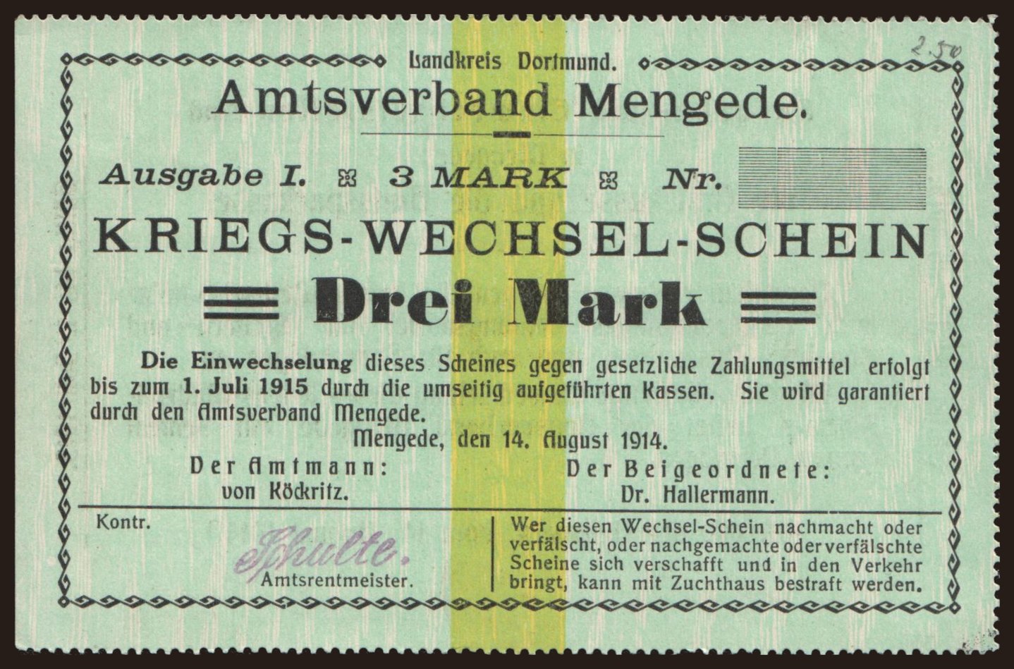 Mengede/ Amt, 3 Mark, 1914