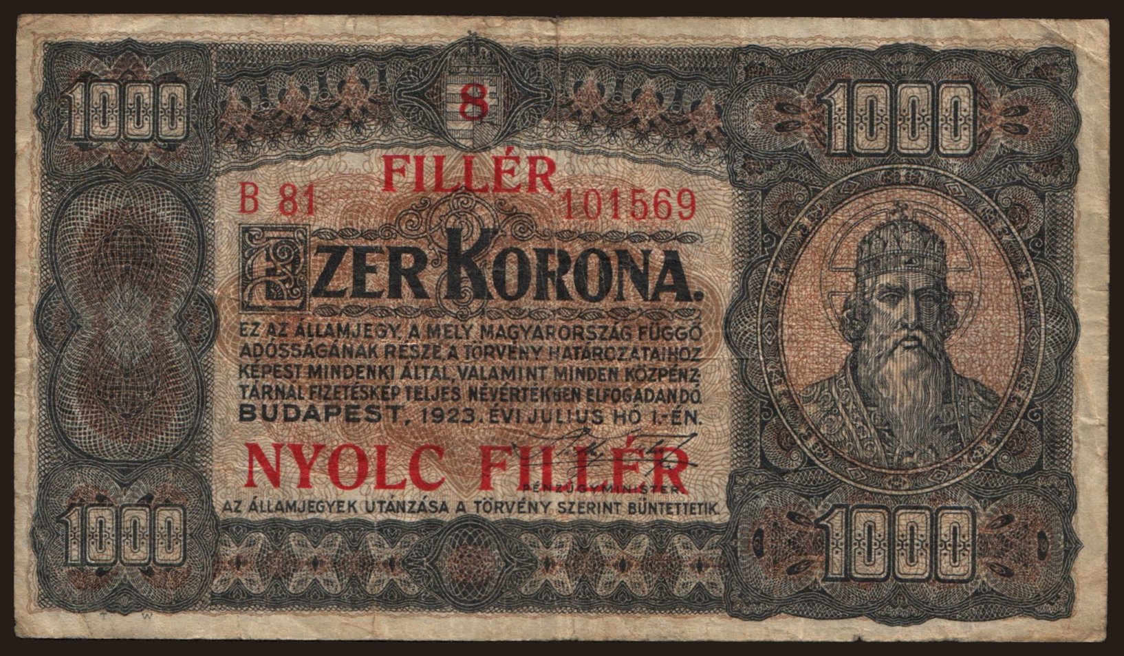 1000 korona / 8 fillér, 1923
