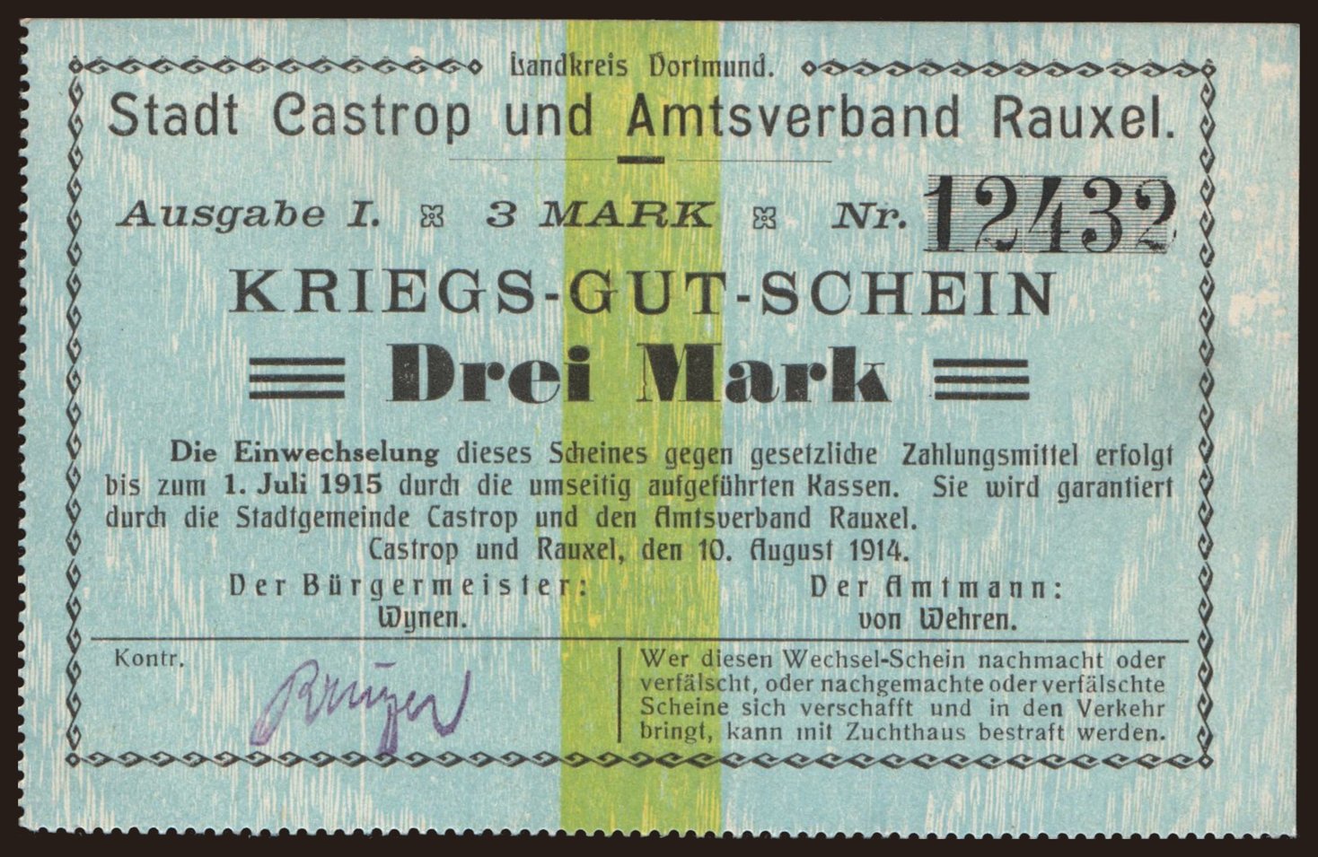 Castrop und Rauxel/ Stadt und Amtsverband, 3 Mark, 1914