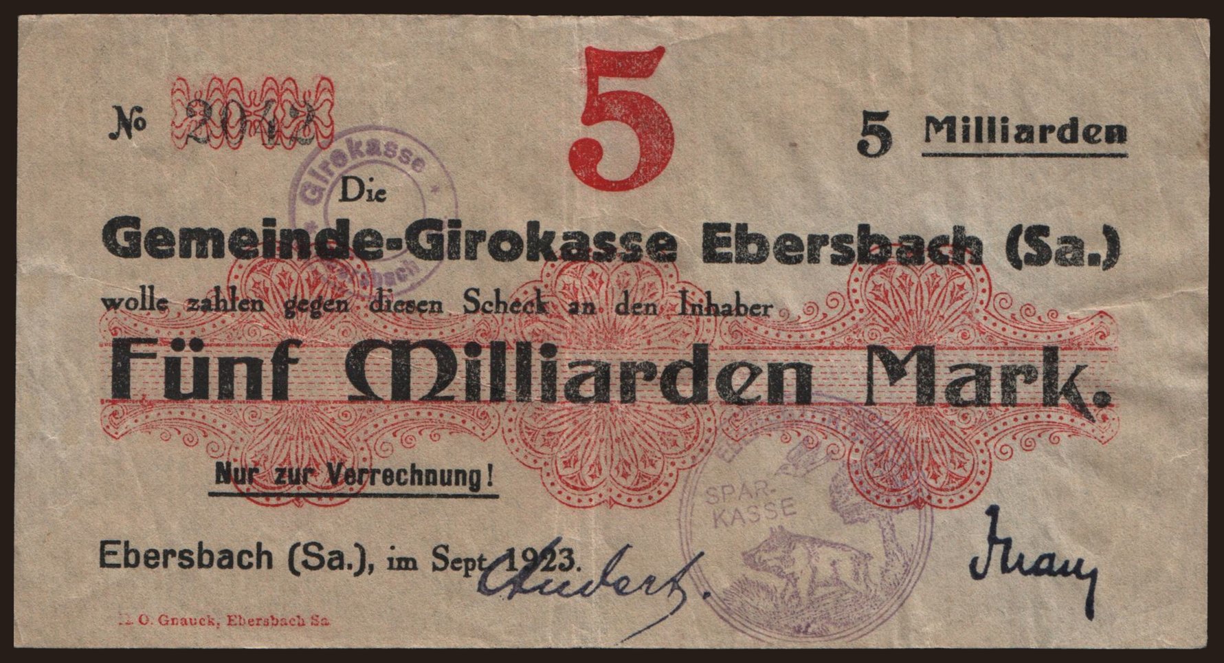 Ebersbach/ Gemeinde Girokasse, 5.000.000.000 Mark, 1923