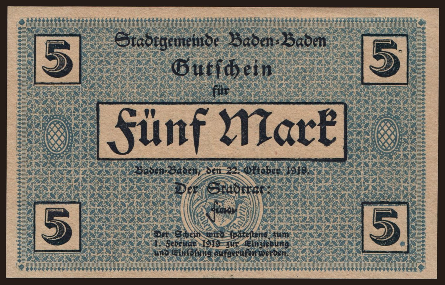 Baden-Baden/ Stadt, 5 Mark, 1918