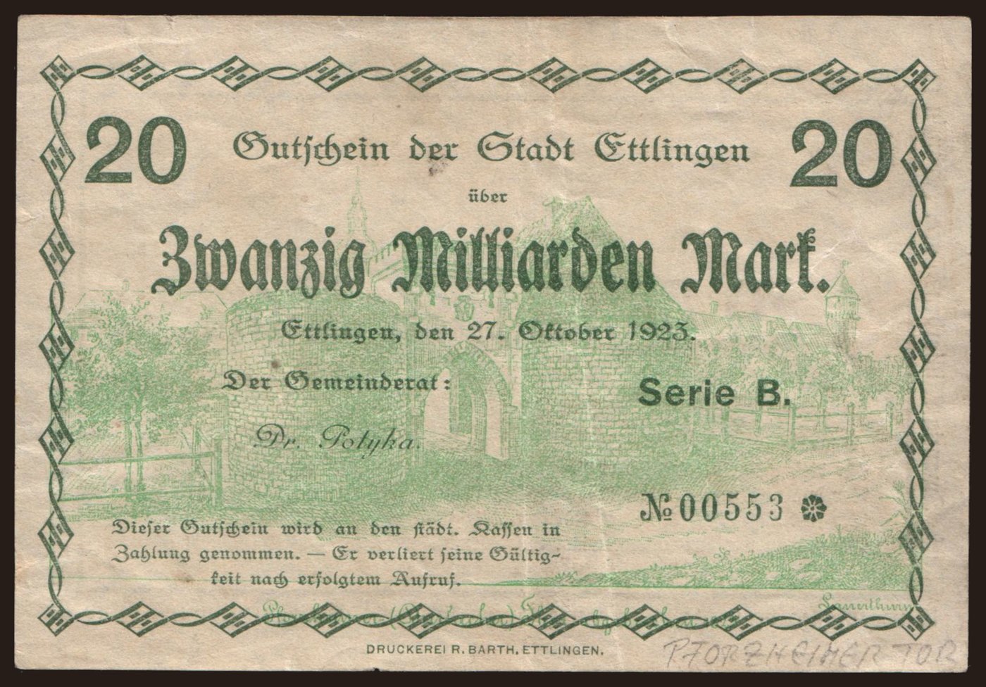 Ettlingen/ Stadt, 20.000.000.000 Mark, 1923