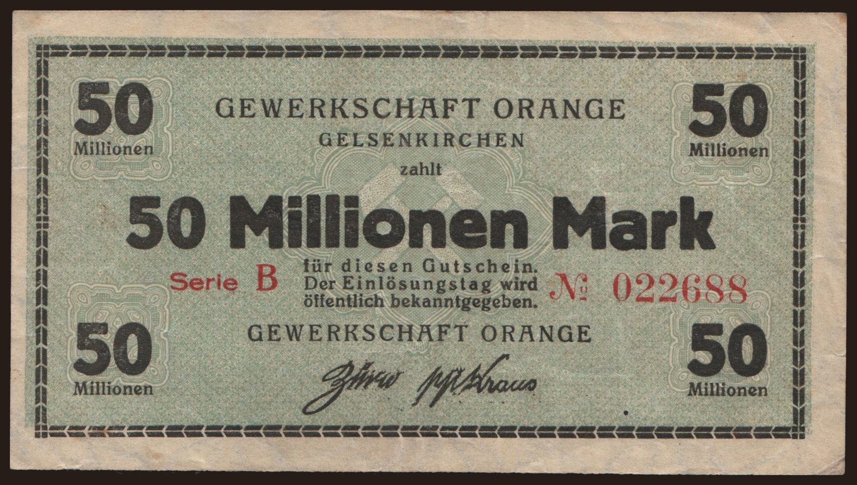 Gelsenkirchen/ Gewerkschaft Orange, 50.000.000 Mark, 1923
