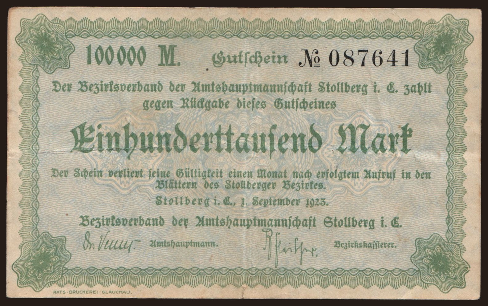 Stollberg/ Bezirksverband der Amtshauptmannschaft, 100.000 Mark, 1923