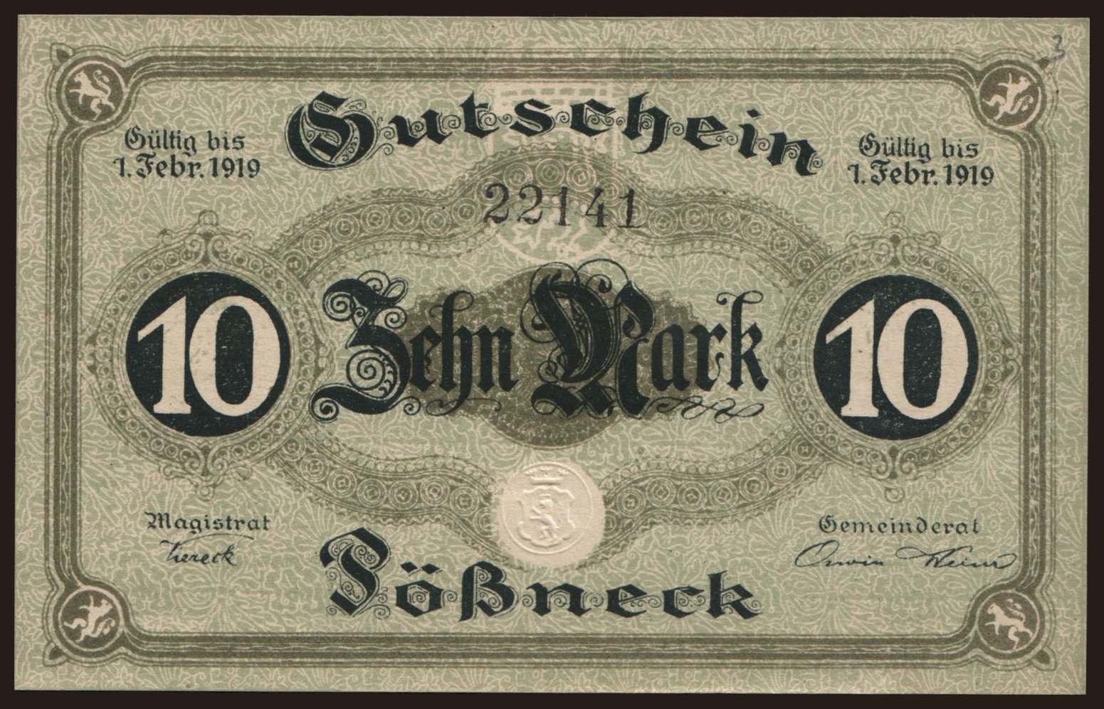 Pössneck/ Stadt, 10 Mark, 1919