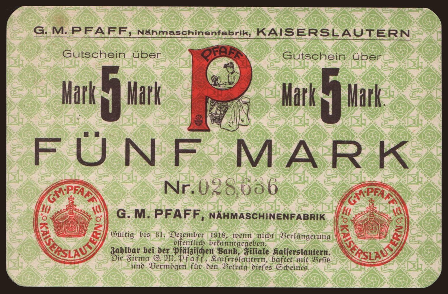 Kaiserslautern/G.M. Pfaff Nähmaschinenfabrik, 5 Mark, 1918