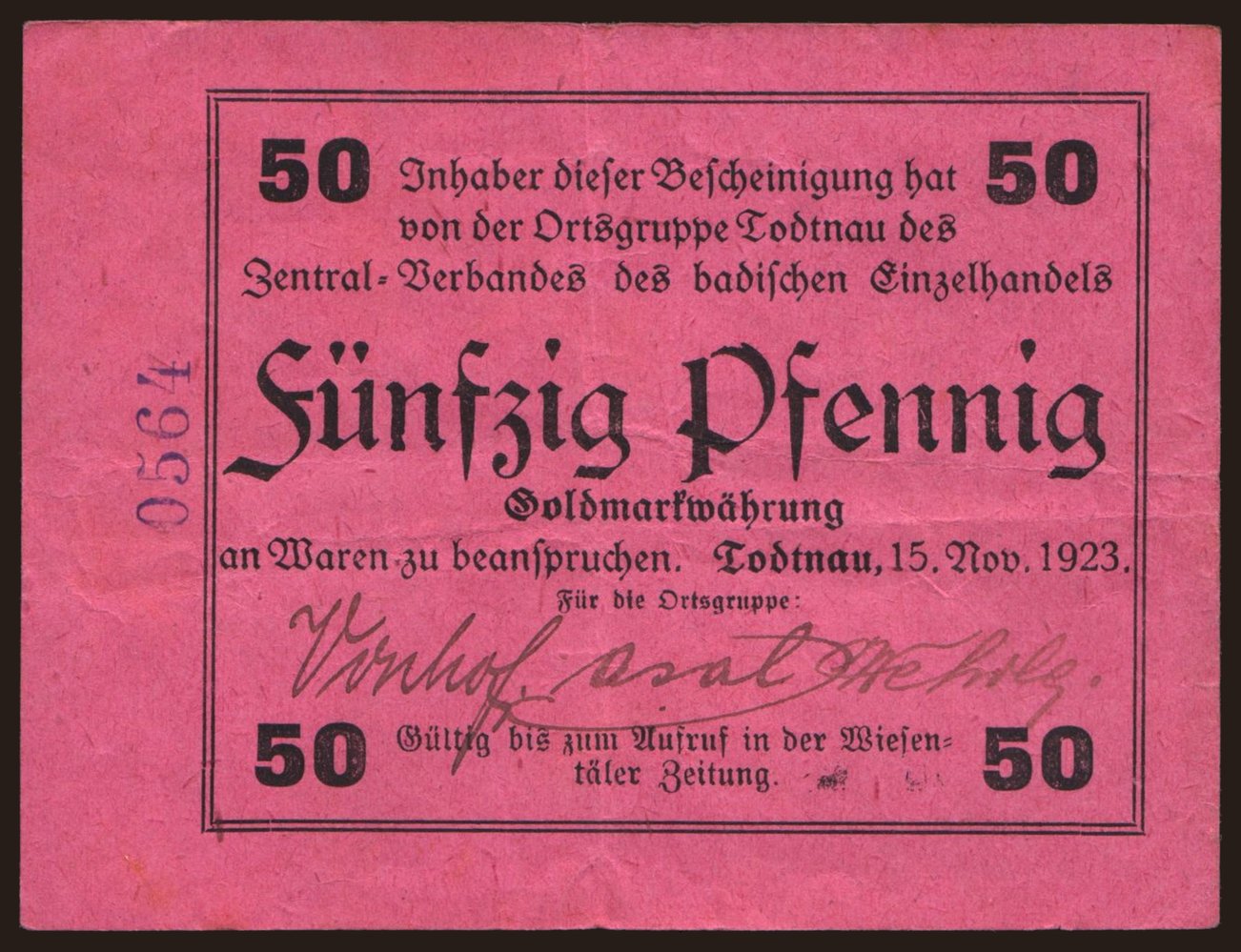 Todtnau/ Zentralverb. des Bad. Einzelhandels OG Todtnau, 50 Pfennig, 1923