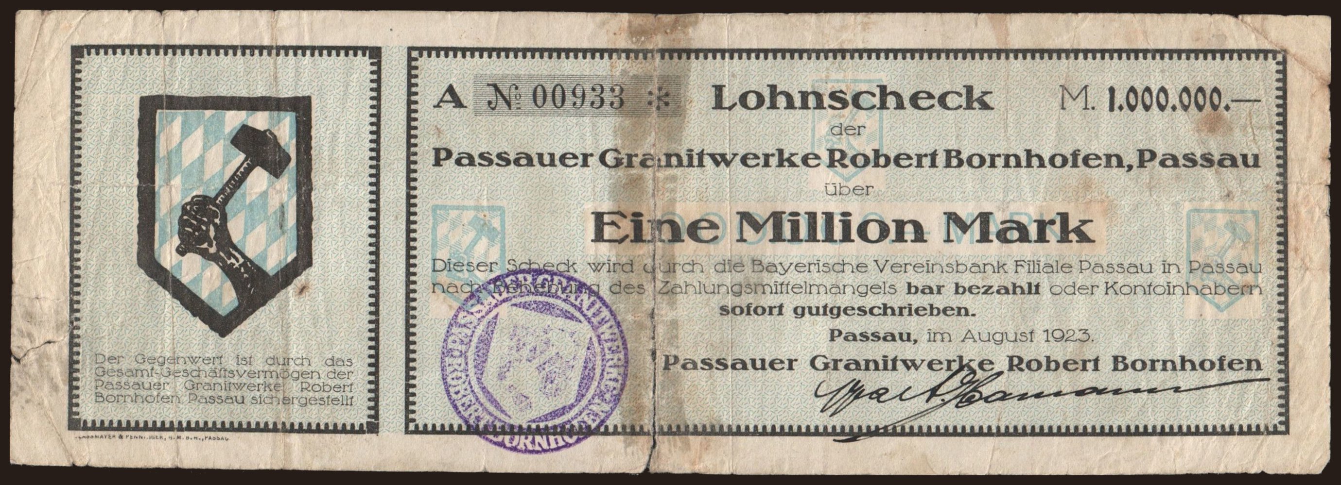 Passau/ Passauer Granitwerke Robert Bornhofen, 1.000.000 Mark, 1923